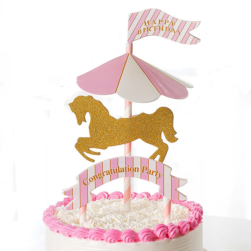 1 компл. розовый синий золотой merry-go-круглый карусель флажки для торта для маленьких мальчиков и девочек день рождения украшения для вечеринок украшения для выпечки поставка