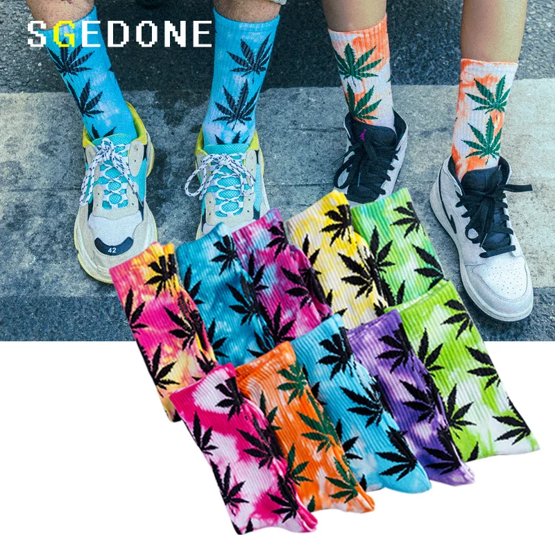 

High-quality Tie-dyed Maple Leaf Socks Long Fashion Weed Socks Men Skateboard Hiphop Socks Meias Women Couple Cotton Socks 1Pair