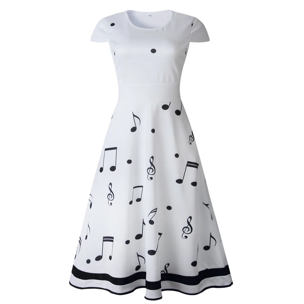 Dresses Fashion Women Musical Note Print Sleeveless O Neck Dress Femme 2019 Summer Elegant Evening Party vestidos | Женская одежда
