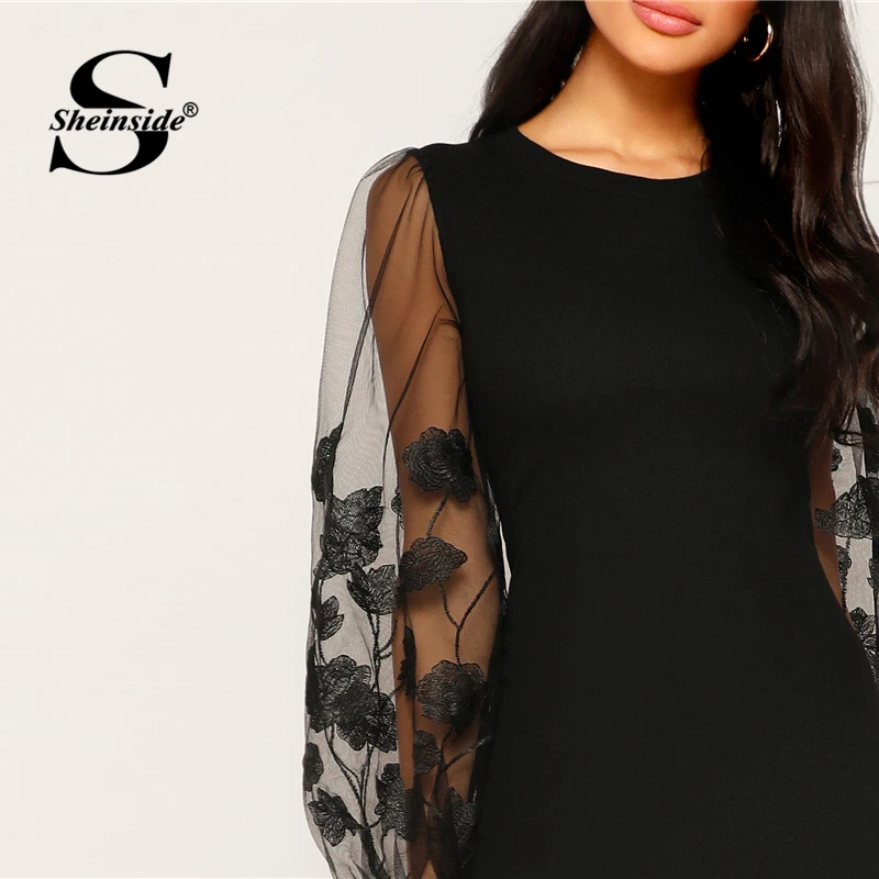 Sheinside, черное элегантное вышитое Сетчатое платье-фонарь с рукавом, женское платье, весна, однотонное облегающее женское платья, стрейчевое платье миди