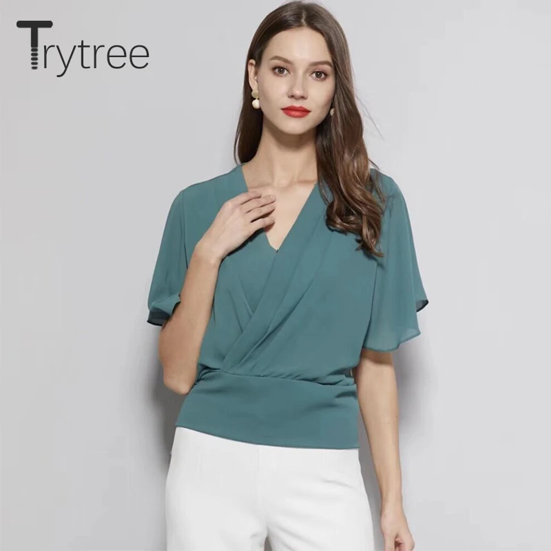 Trytree летний топ Женская блузка повседневная однотонная зеленая рубашка Топы