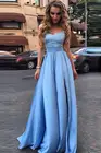 Небесно-голубые платья для выпускного вечера, милое эластичное атласное вечернее платье с высоким разрезом с кружевной аппликацией, длинные платья для выпускного вечера