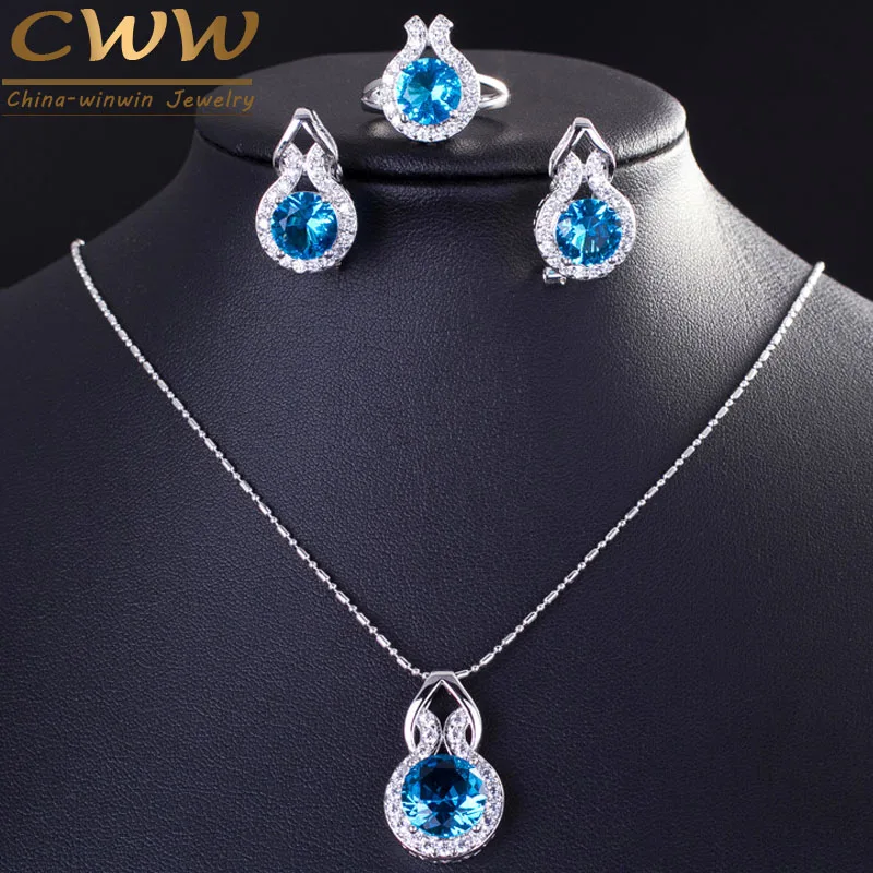 CWWZircons бренд 925 пробы серебряные ювелирные изделия модный светильник Синий CZ Кристалл ожерелье серьги и кольцо набор для женщин T200