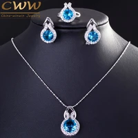 cwwzircons top brand cubic zircon jewelry fashion round light blue cz crystal necklace earring and ring set for women gift t200