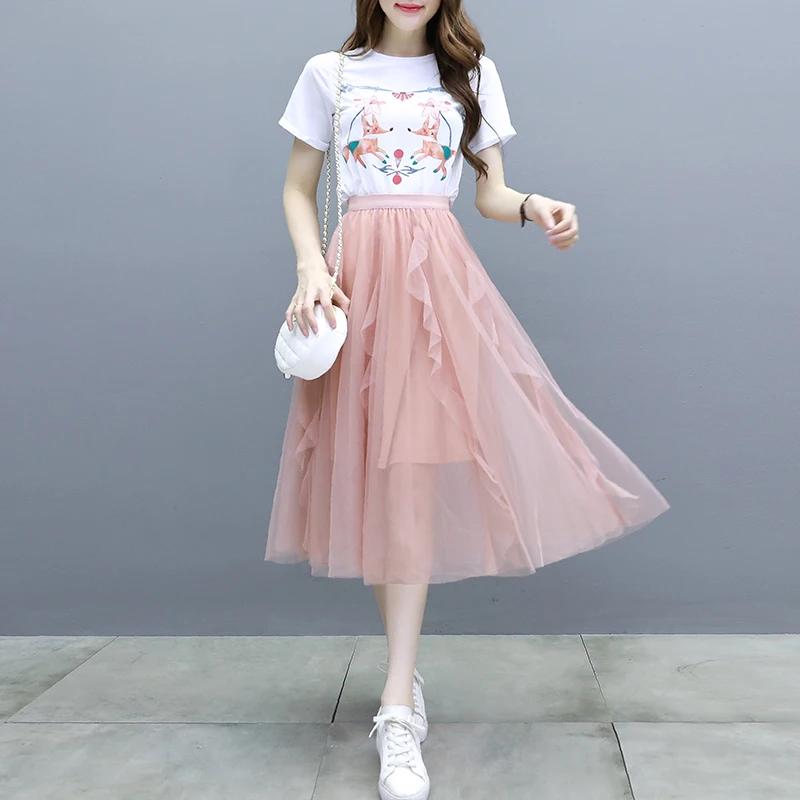 2019 Fashion Women's Clothing Mesh Ruffles O-neck Short Sleeves Printing Two Pieces Summer Sets Female | Женская одежда