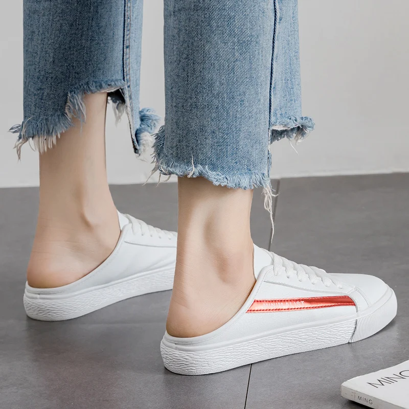 Women Casual Shoes 2018 Summer Hot sale Leather Woman Flats Fashion Sweet White Half slipper Breathable Sneakers |