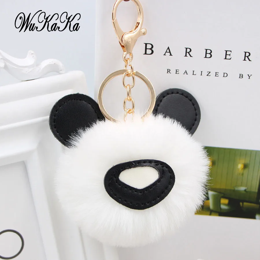 

Lovely Leather Panda Pompom Keychain Faux Fluffy Puff Ball Pendants Cute Bear Women Bag Key Chain Ring Jewelry