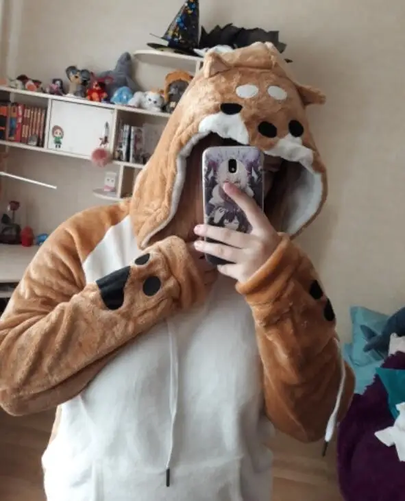 Shiba Inu Doge Kawaii милое Коралловое бархатное пальто с капюшоном и длинными рукавами