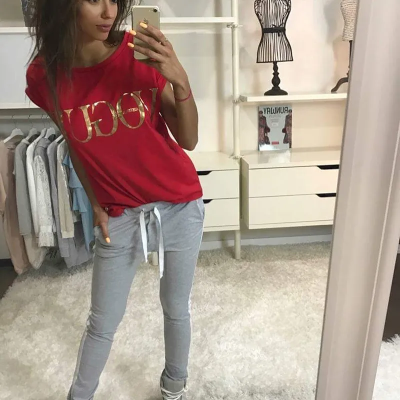 Женская футболка Harajuku VOGUE хлопковая Футболка с золотым принтом S XL короткими