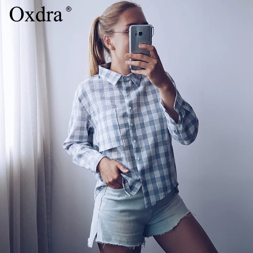 Oxdra 2018 Весна Лето Новая женская модная рубашка в клетку блуза с длинными рукавами