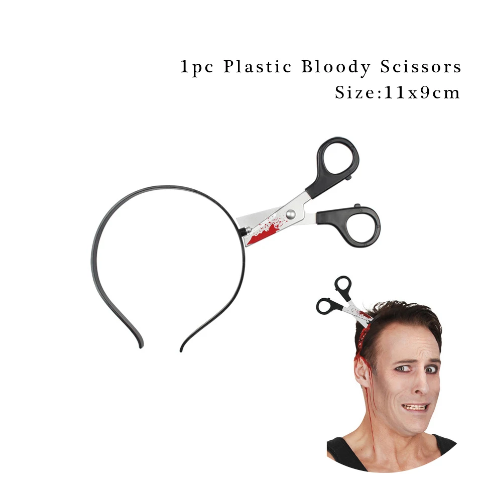 Bloody Scissors Tronzo Хэллоуин кровавый нож игрушка декор для Хэллоуина, вечеринки ножницы игла для ногтей через голову пластиковый обруч для головы пугающая маска - Цвет: Bloody Scissors