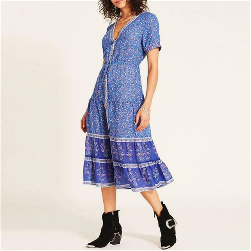 Повседневные винтажные богемные вечерние пляжные платья Vestido, женское платье свободного кроя с коротким рукавом и v-образным вырезом, женские платья с цветочным принтом, Прямая поставка