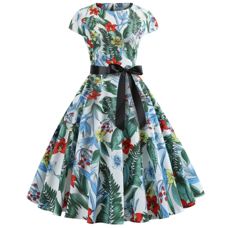 Bebovisi, женское, лето, стиль, короткий, размера плюс, элегантное, Vestidos, Ретро стиль, цветочный принт, повседневное, офисное, ТРАПЕЦИЕВИДНОЕ, Бандажное платье - Цвет: 5204