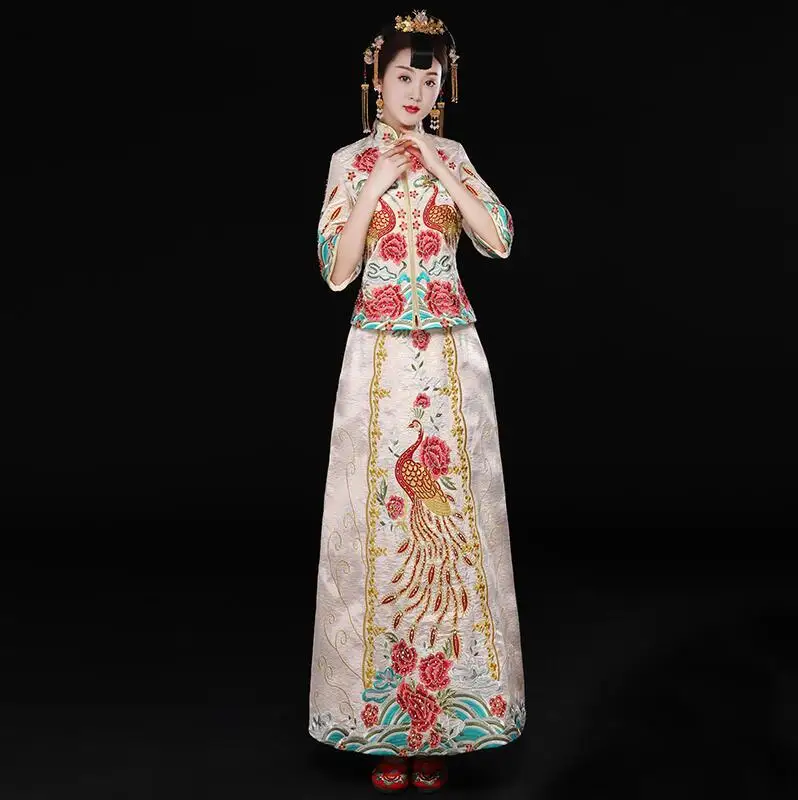 Высокое качество ручной работы Розовый Бежевый Cheongsam свадебное платье для