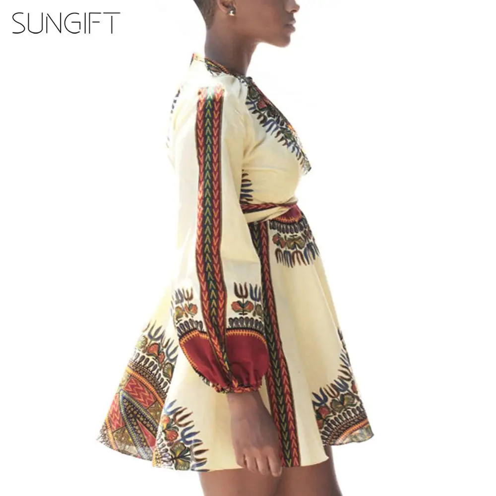 Женское платье в африканском стиле SUNGIFT с цифровым принтом и стоячим воротником