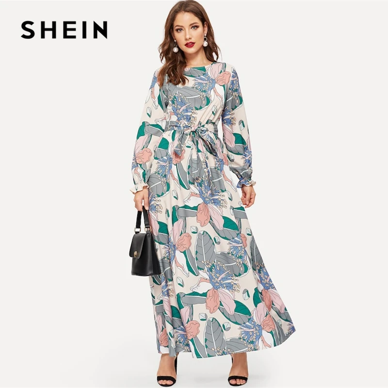 SHEIN Платье С Цветочным Принтом И Поясом Женское Весеннее Многоцветное Элегантное Платье С Длинными Рукавами