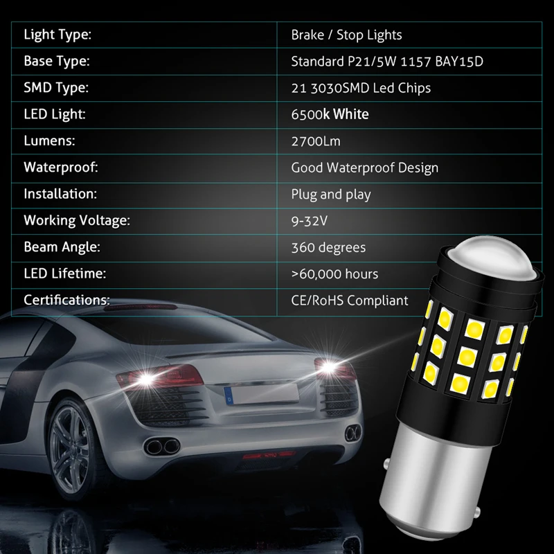 Katur 2 шт. 1157 P21/5 Вт светодиодные лампы S25 два контакта 3030 SMD 6000K белый bay15d светодиодный светильник лампа для тормоза двойной контакт стоп Led