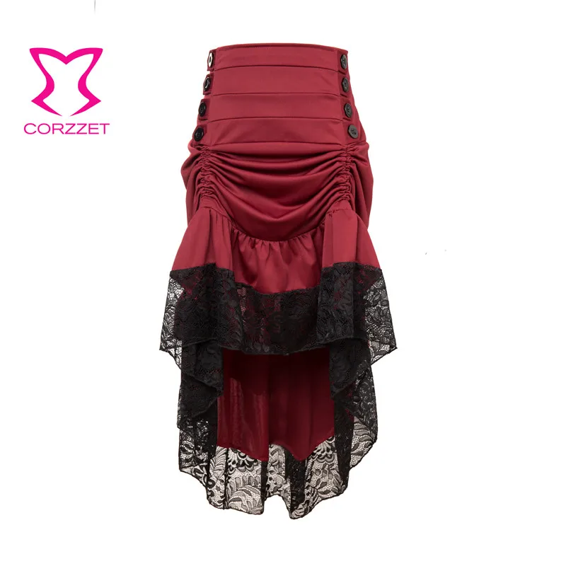 

Wine Red & Black Floral Lace Asymmetrical Ruffles Victorian Steampunk Skirt Plus Size Gothic Skirts Womens Sexy Vintage Clothing