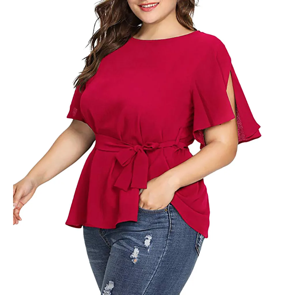 

Woman Blouses Harajuku Tops For Women Summer Solid Plus Size Short Sleeve Shirt Belted Knot Tops Blouse Mujer Camisetas