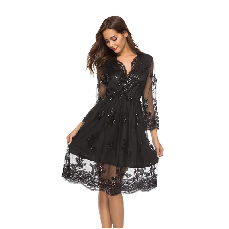 Новинка модные вечерние платья с v-образным вырезом и длинным рукавом блестками