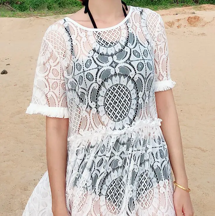 

Women's summer sexy hollow out white lace dress lady's short sleeve sunscreen beach vacation Floor-Length lace dress TB385