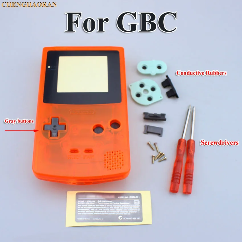 

Clear Orange Full Housing Shell case cover for GBC Gameboy Color with Conductive Rubber Screwdrivers