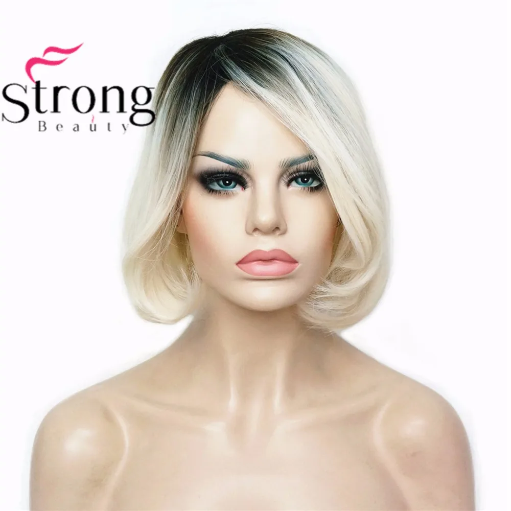 StrongBeauty женский Омбре Боб Стиль Короткие прямые волосы парик платиновый блонд/темные корни синтетический натуральный полный парики