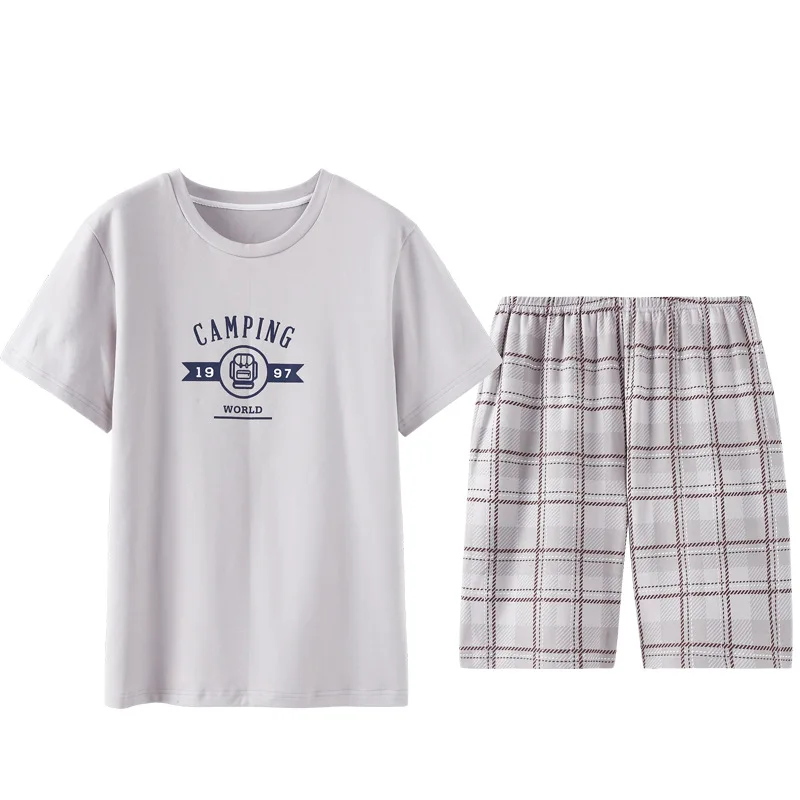 

Summer cotton pajamas men round neck pullover men's short-sleeved cotton home service casual suit shirt+shorts 2 pieces set male