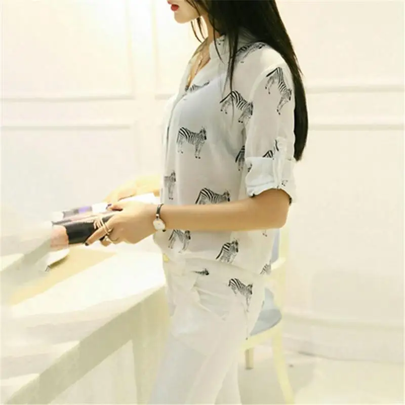

Women New Letter Zebra Print Blouse Chiffon Shirt Blusas Girl Short Sleeve Button Down Tops