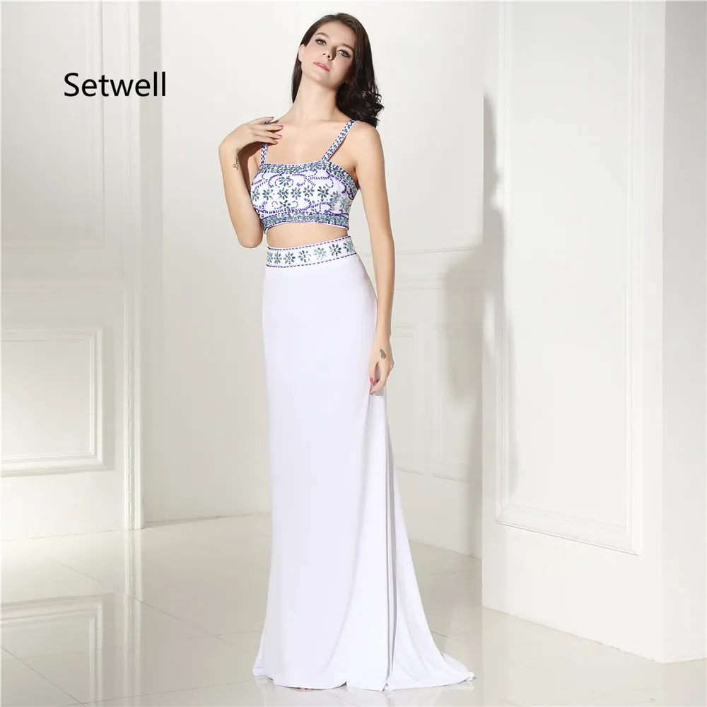 

Setwell Elegant Two Piece Prom Dresses 2017 Sexy Spaghetti Backless Mermaid Prom Dress High Quality Beading Sequin Evening Gowns