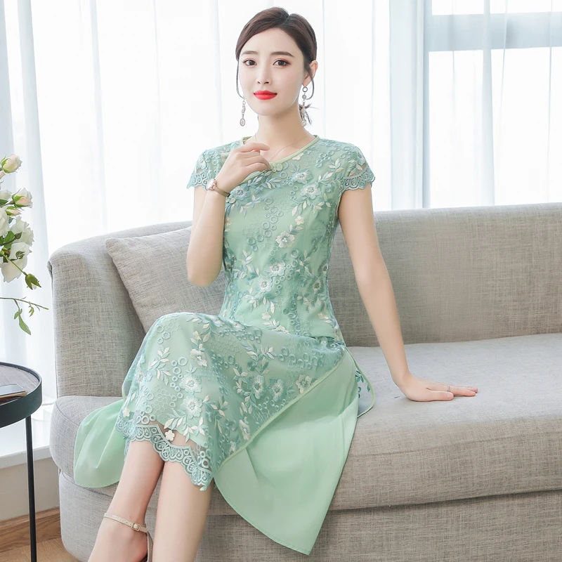 Вышитое этническое кружевное платье cheongsam Aodai для женщин