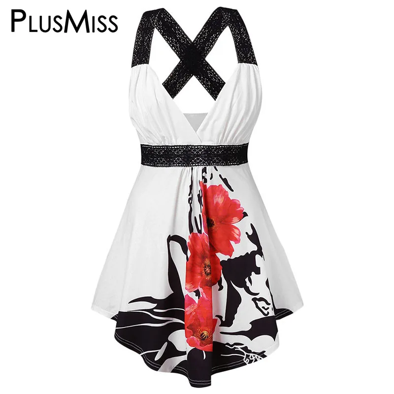 PlusMiss плюс размер 5XL кружева крест-накрест сексуальные V шеи Boho безрукавки женские летние XXXXL XXXL XXL цветочные печатные большие размеры жилет Топ