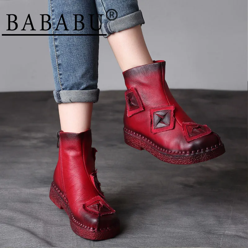 

Bababu Осень Новая мода ретро Женская обувь ручной работы на мягкой подошве Балетки кожаные ботильоны женские сапоги винтажные коричневый/красный/ желтый