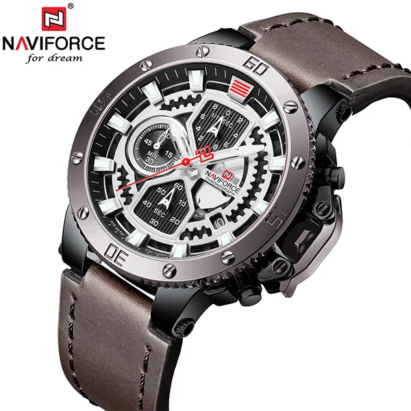 Coffee NAVIFORCE новые роскошные часы с хронографом, военные кварцевые часы для мужчин, кожаные водонепроницаемые наручные часы, мужские часы - Цвет: Coffee