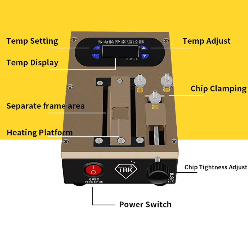 TBK 278 2 in1 Mobile phone cover plate Bracket Separator Intelligent heating platform Disassemble CPU chip Glue removing