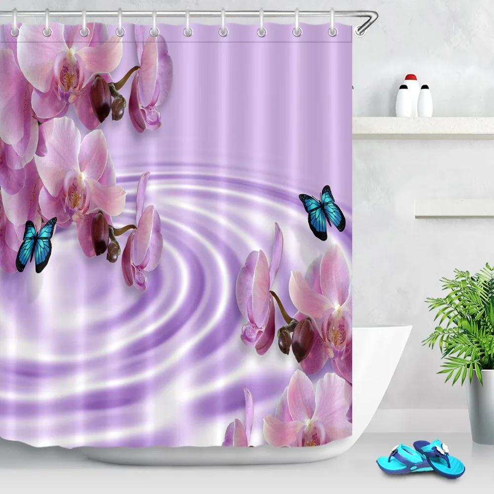 

LB 180*180 Purple Shower Curtains Orchids Butterflies Fantasy Flower Polyester Bathroom Curtain Fabric for Bathtub Home Decor