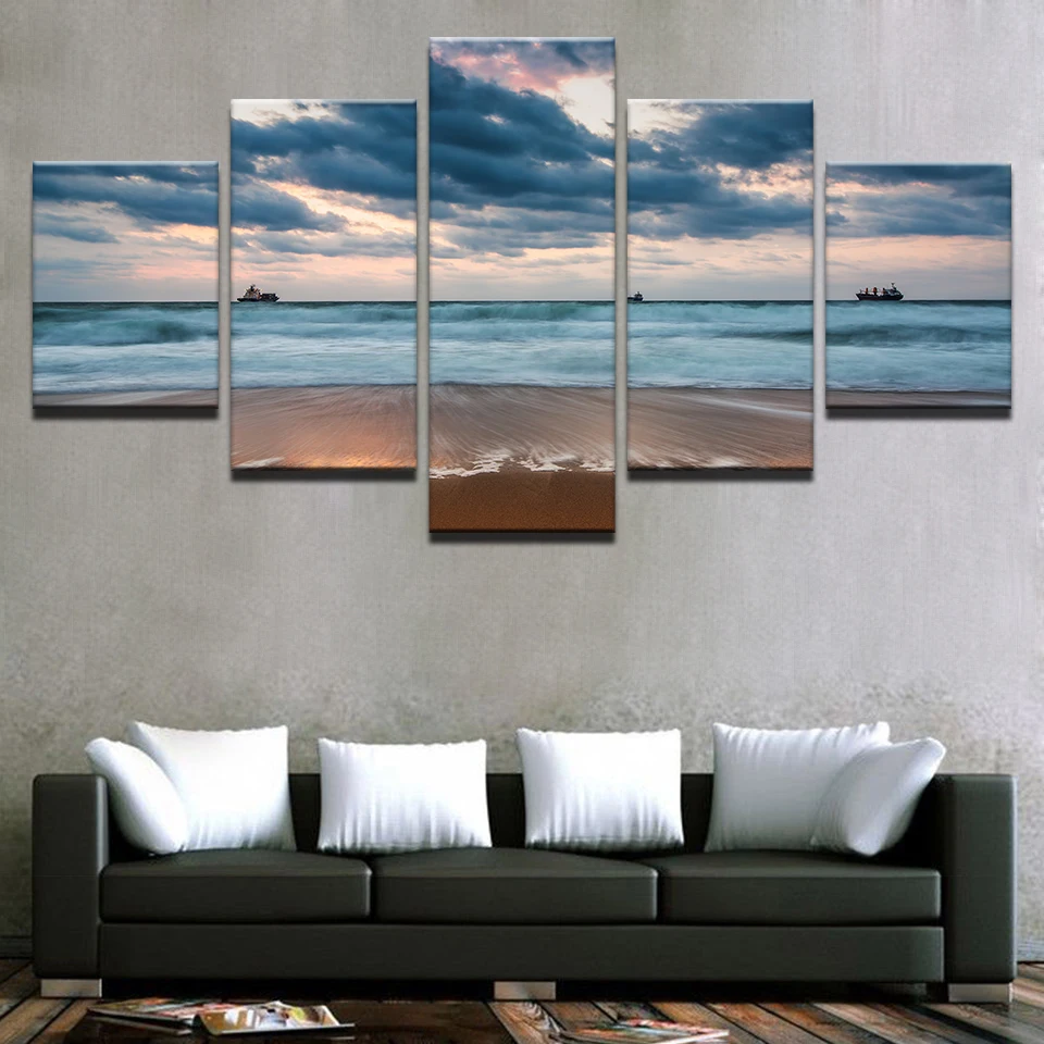 HD Prints Painting Home Decor Canvas Living Room Framework 5 Piece Sea Waves Beach Pictures Cloudy Boat Seascape Poster Wall Art | Дом и сад