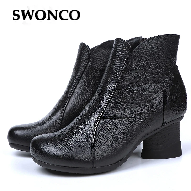 

Теплые ботинки SWONCO, женские зимние ботинки на блочном каблуке, новинка 2019, ботинки из натуральной кожи, женская зимняя обувь до щиколотки, же...
