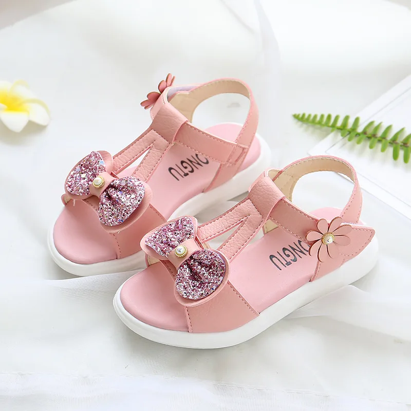 pink Красивые Летние сандалии с блестками и бантом для девочек детская пляжная обувь принцессы с цветочным рисунком для маленьких девочек 4, 5, 6, 7, 8, 9, 10, 11, 12 лет - Цвет: pink