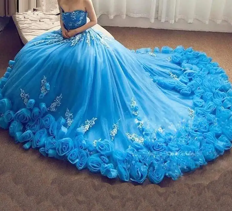 Синий Vestido De Noiva мусульманское свадебное платье бальное платье Милая Тюль Цветы Бохо Дубай Арабский свадебное платье - Цвет: same as the photo