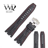 rolamy 28mm watchbands strap belt with silver buckle black real leather handmade thick wrist new high quality man watch band