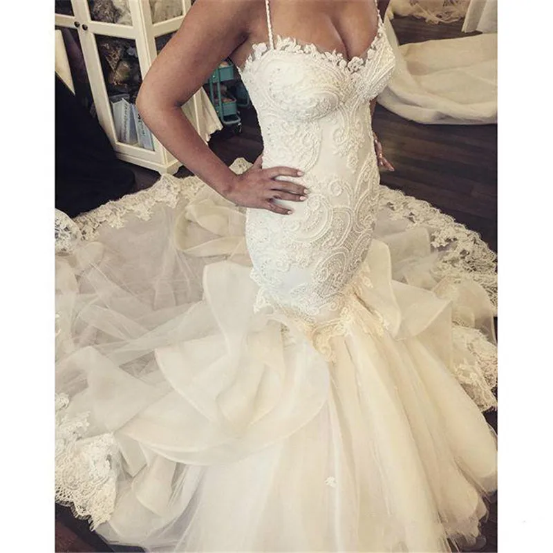 

robe de mariage paghetti Straps Appliques Bridal Gowns 2022 Top Sale Sexy Sweetheart Organza Tulle Mermaid Wedding Dress