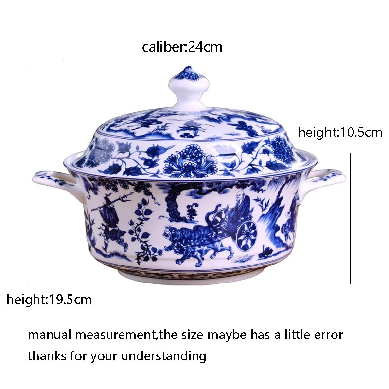 Сине белый фарфоровый суповый турен Цзиндэчжэнь с большой ложкой двойными