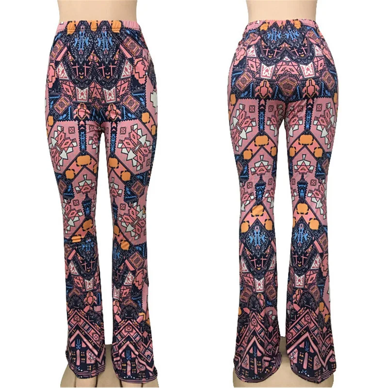 Boho расклешенные брюки женские богемные Модные свободные длинные штаны племенные африканские принты широкие брюки клеш леггинсы хиппи брюки - Цвет: Pink