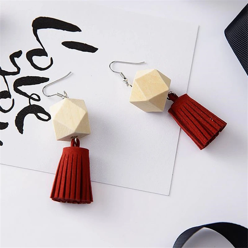 Doreen Box Wood Fashion Women Drop Earrings New Design Geometric Multi-faceted Velvet Tassels Hook Jewelry 1 Pair | Украшения и
