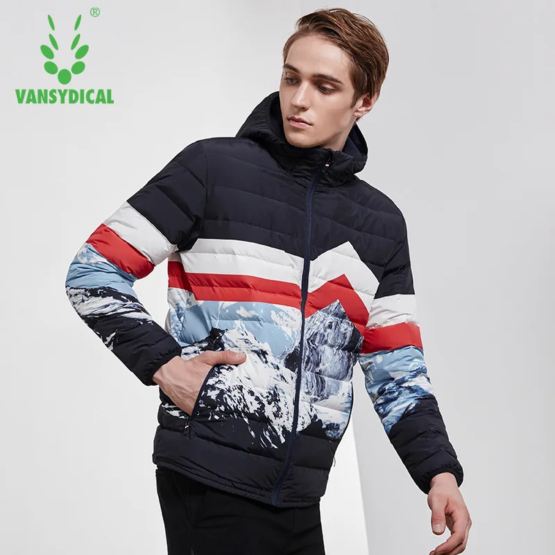 

Vansydical Sports Down Coat Winter Warm Men's Printed Long Sleeve Windproof Sportswear Hooded White Duck Down Running Jackets