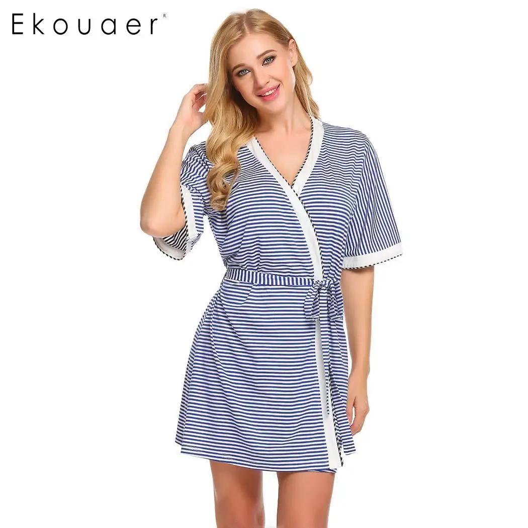 blue white Ekouaer, женские халаты для сна, полосатый халат, открытая передняя часть, v-образный вырез, короткий рукав, халаты, кимоно, спа Халат, домашний, Femme, одежда для сна - Цвет: blue white