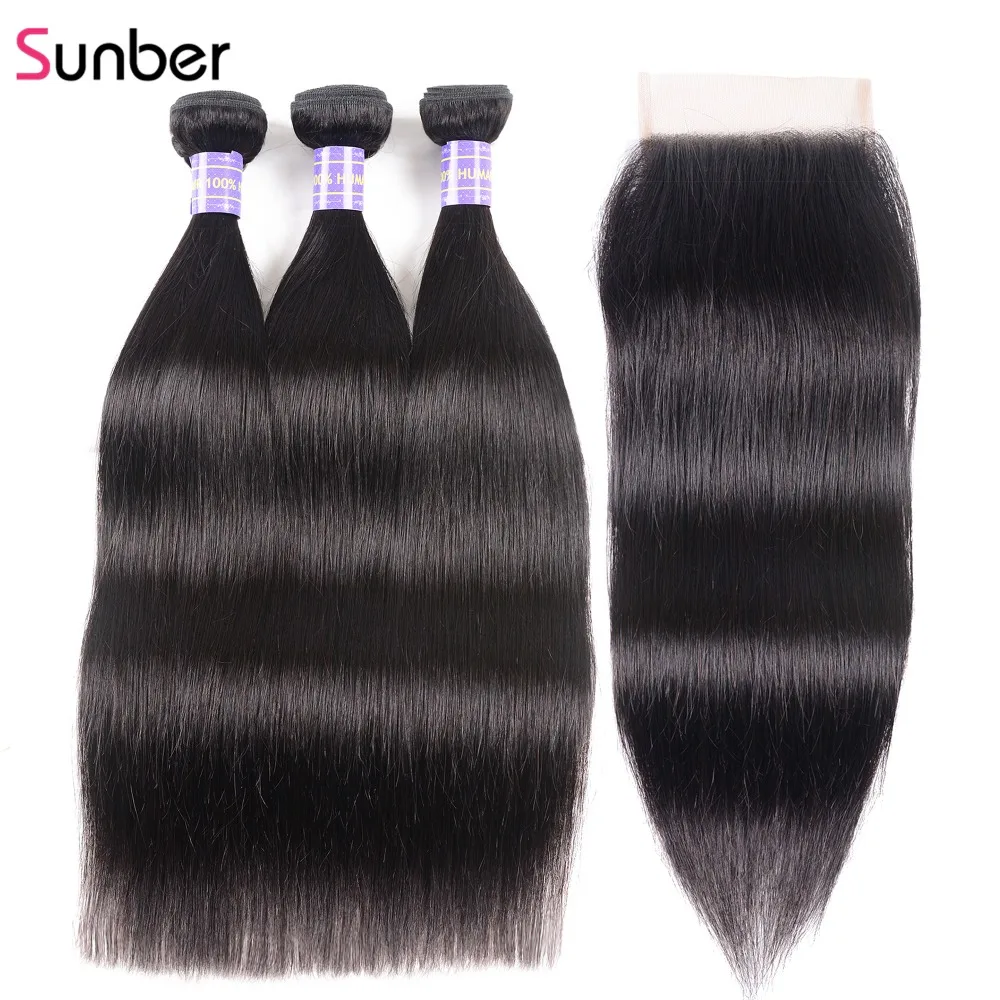 SUNBER HAIR высокое соотношение Remy перуанские прямые волосы 3 пряди с закрытием 4x4 дюймов швейцарское кружево часть закрытие