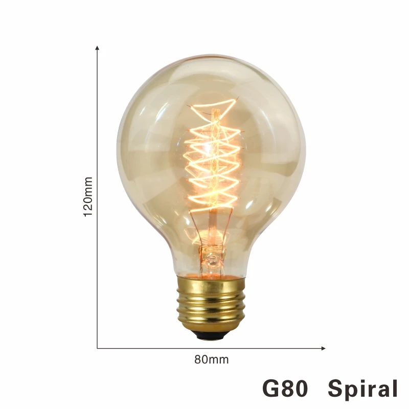 G80 spiral С регулируемой яркостью Эдисон светильник лампочка E27 220 В 40 Вт A19 A60 ST64 T10 T45 T185 G80 G95 нити Винтаж ампулы лампа накаливания Эдисона лампа - Цвет: G80 spiral