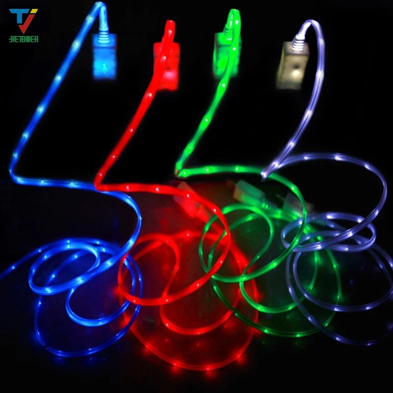 

500pcs/lot 1M 3ft Colorful shine Light Glow luminescent Micro 5pin 8pin Charger Data Sync Cord for Samsung iphone huawei HTC